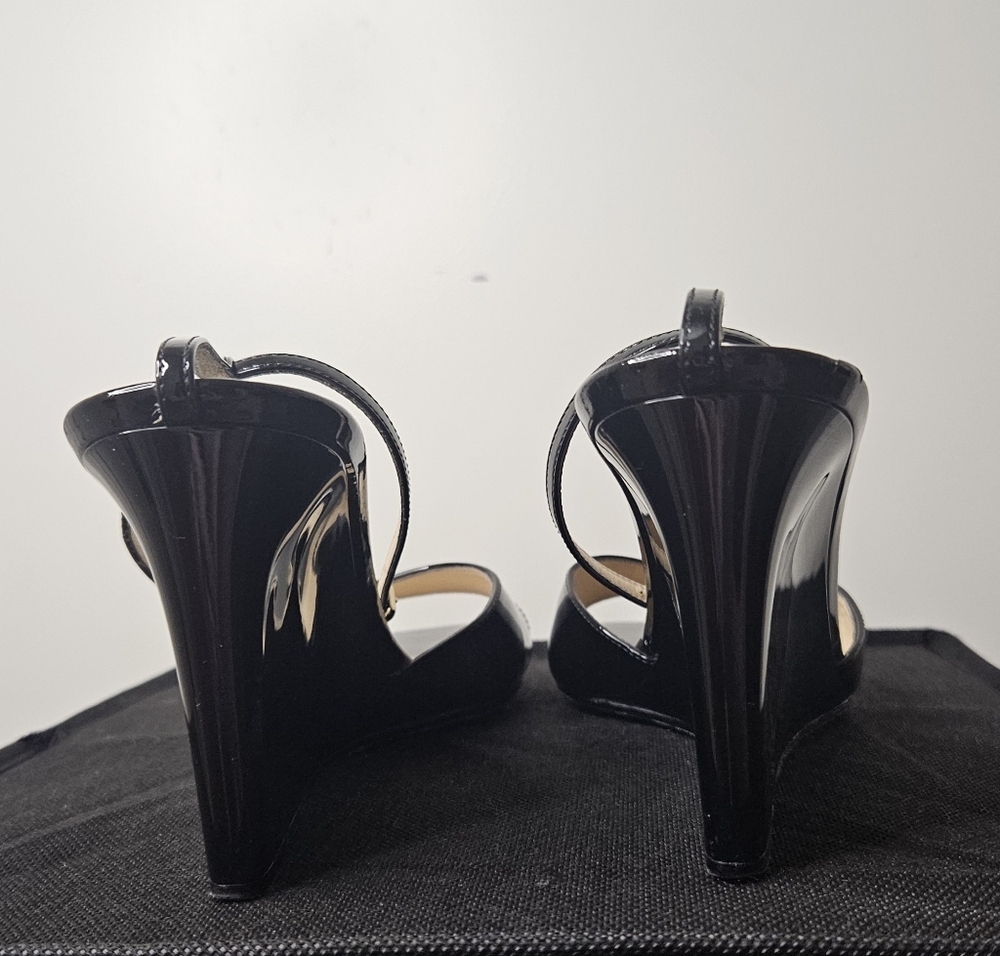 Jimmy Choo Size 38 EU 8US Brien 85 Black Patent Leather Wedge Sandals - Picture 5 of 9